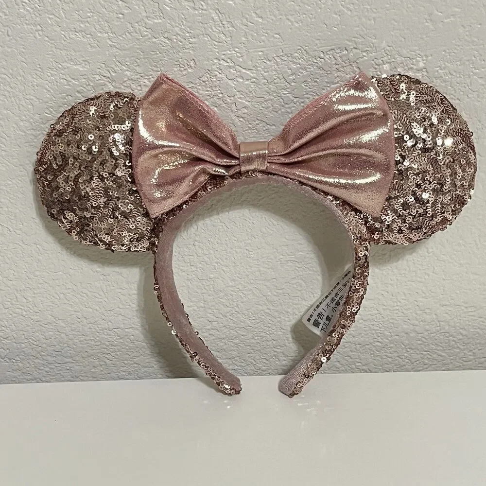 Disney Parks Minnie Mouse Ears Rose Gold Champagne Bow Sequin Headband